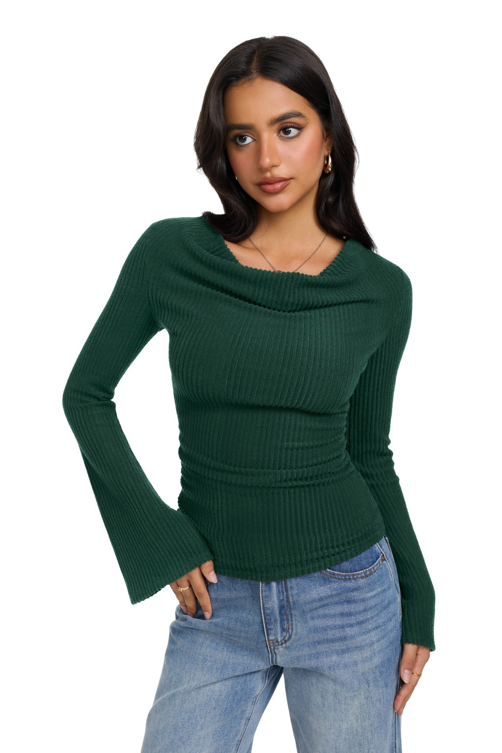 Cowl Neck Ribbed Knit Bell Sleeve Top