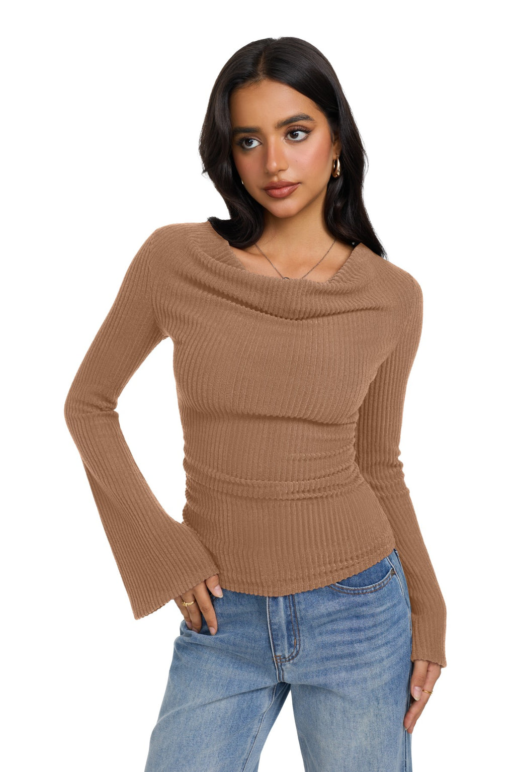 Cowl Neck Ribbed Knit Bell Sleeve Top