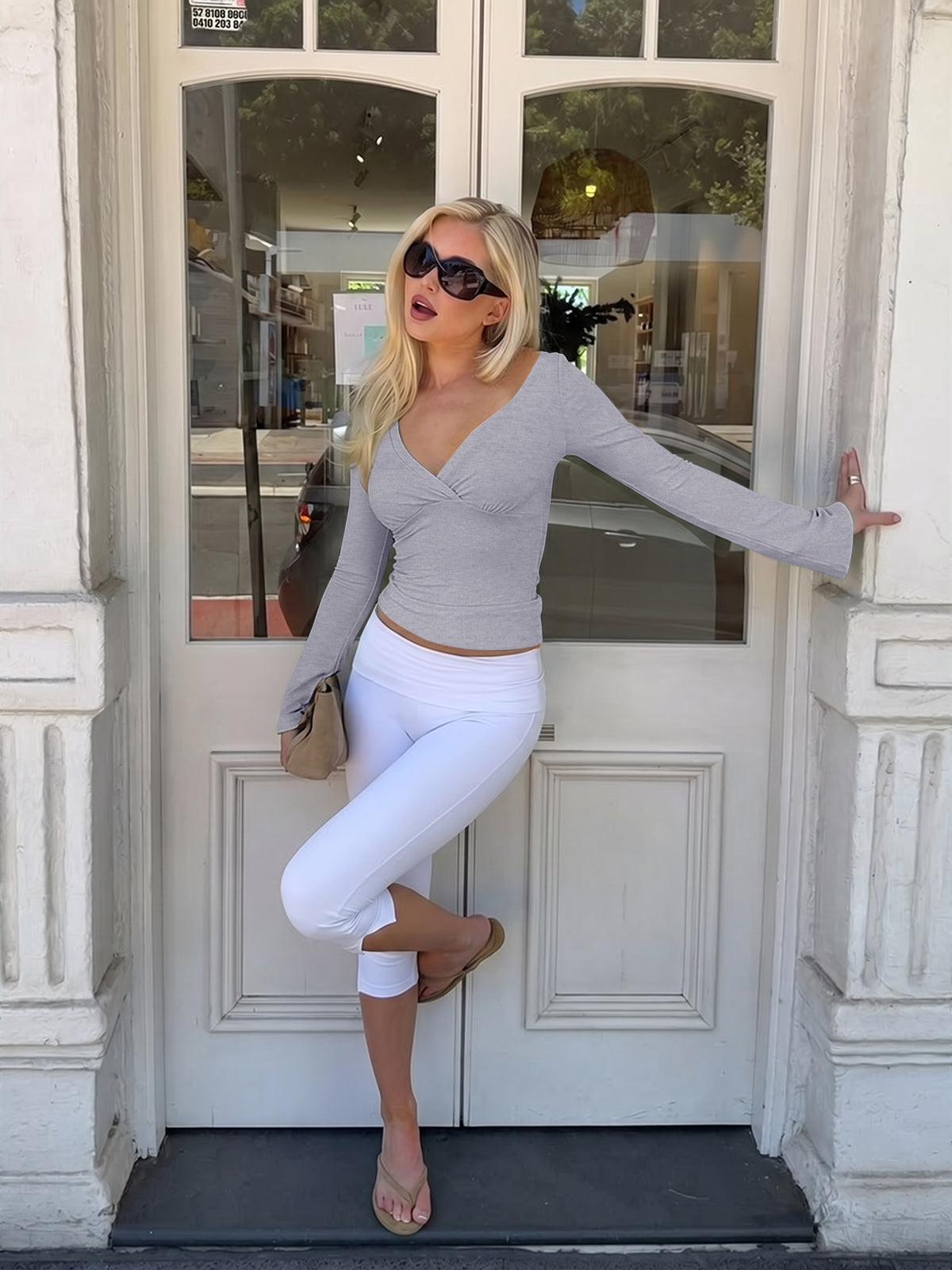 Wrap Deep V Neck Long Bell Sleeve Tops