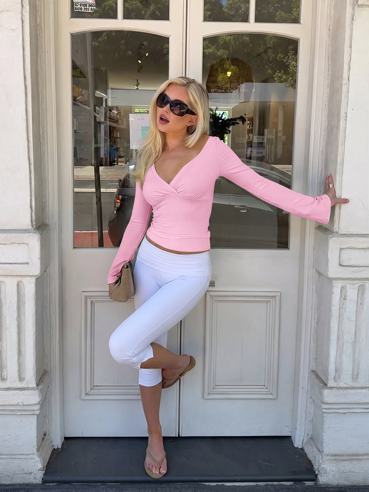 Wrap Deep V Neck Long Bell Sleeve Tops