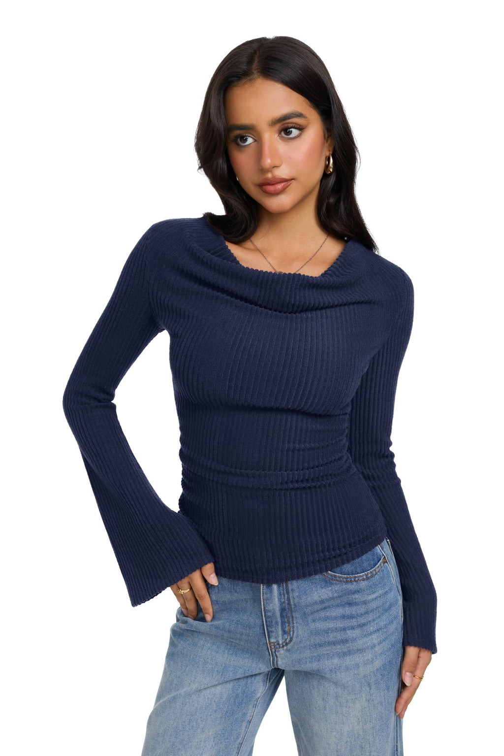 Cowl Neck Ribbed Knit Bell Sleeve Top