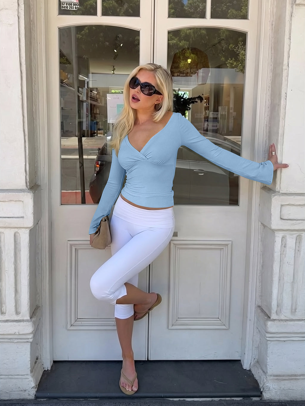 Wrap Deep V Neck Long Bell Sleeve Tops