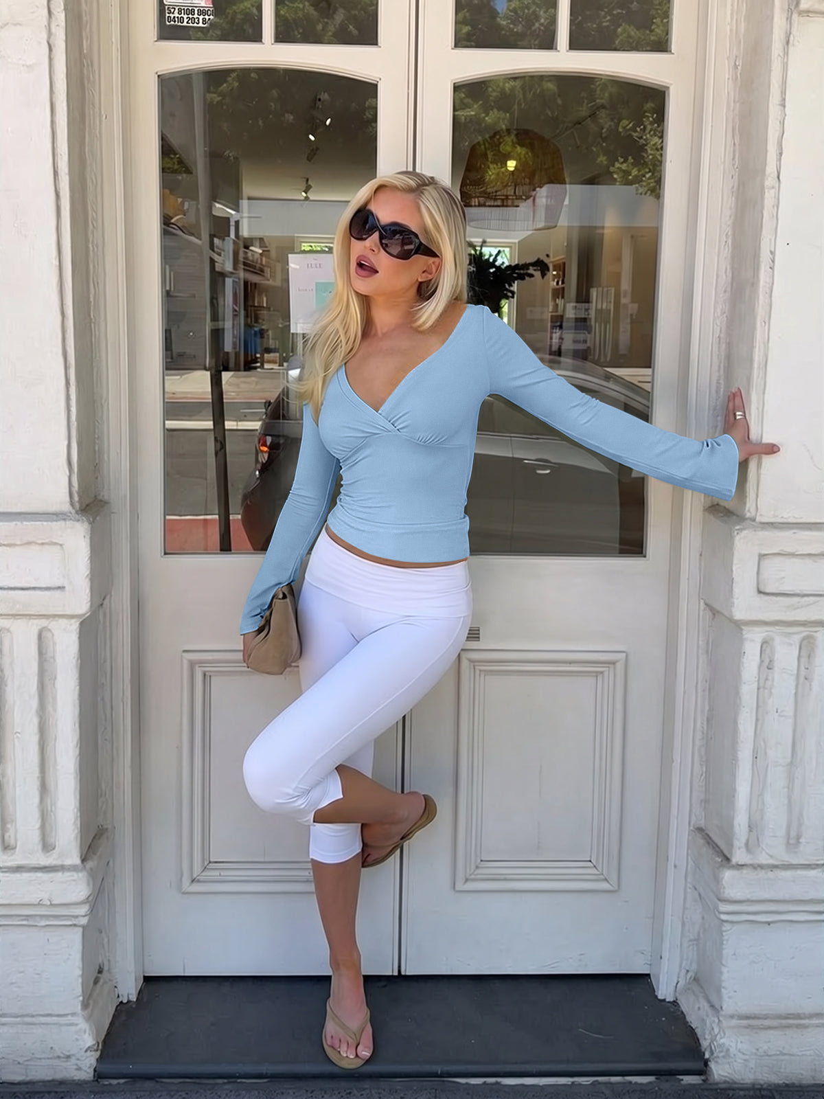 Wrap Deep V Neck Long Bell Sleeve Tops