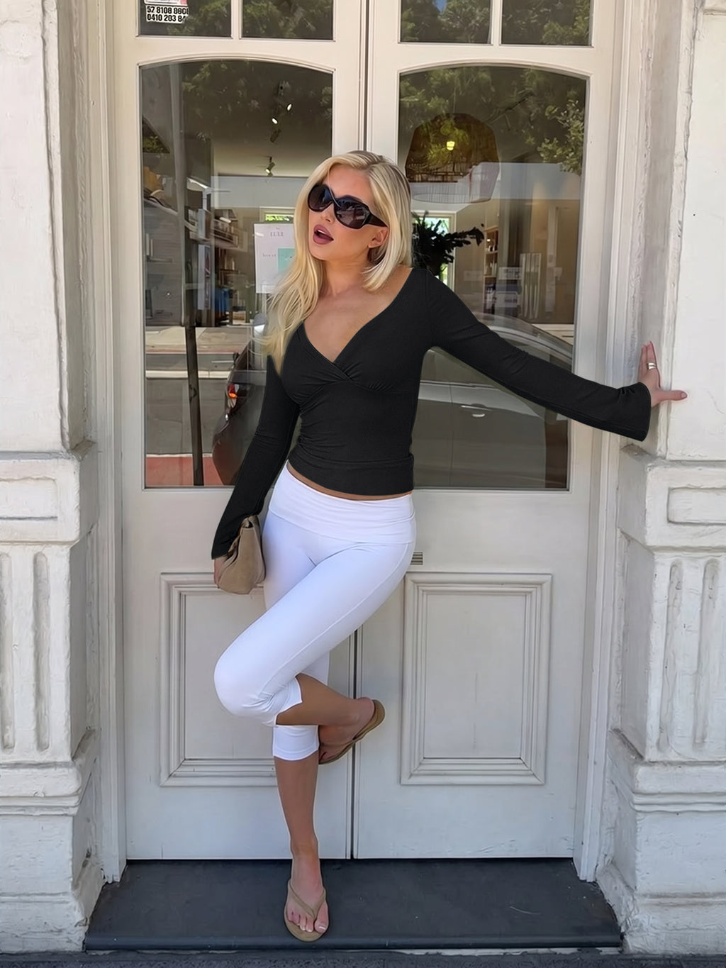 Wrap Deep V Neck Long Bell Sleeve Tops