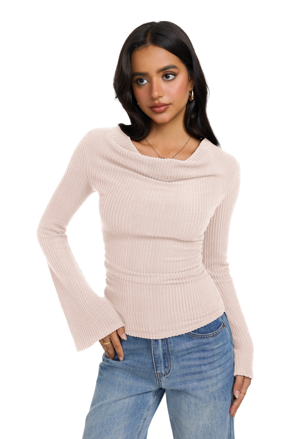 Cowl Neck Ribbed Knit Bell Sleeve Top