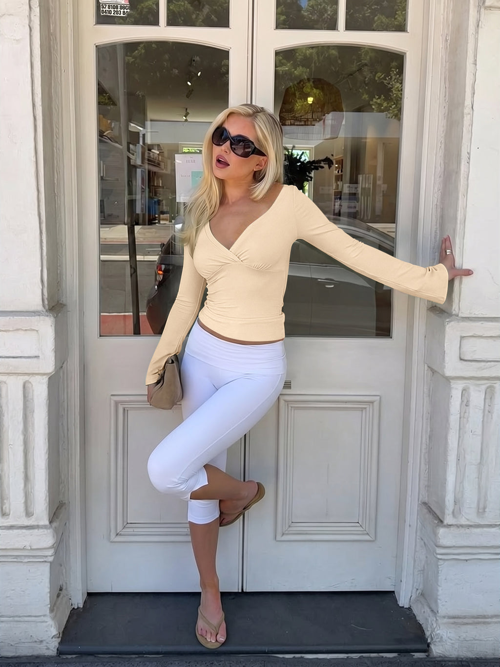 Wrap Deep V Neck Long Bell Sleeve Tops