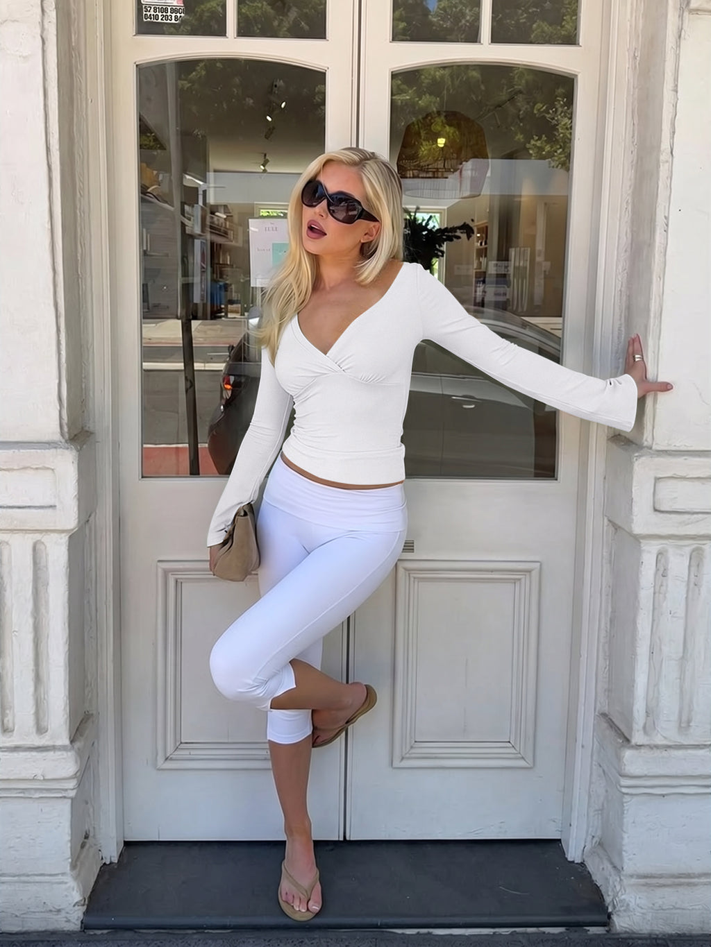 Wrap Deep V Neck Long Bell Sleeve Tops