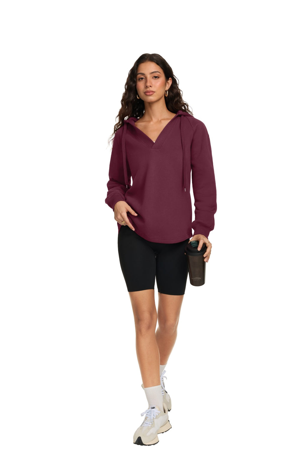 Oversized V Neck Hooded Pullover Sweatshirt