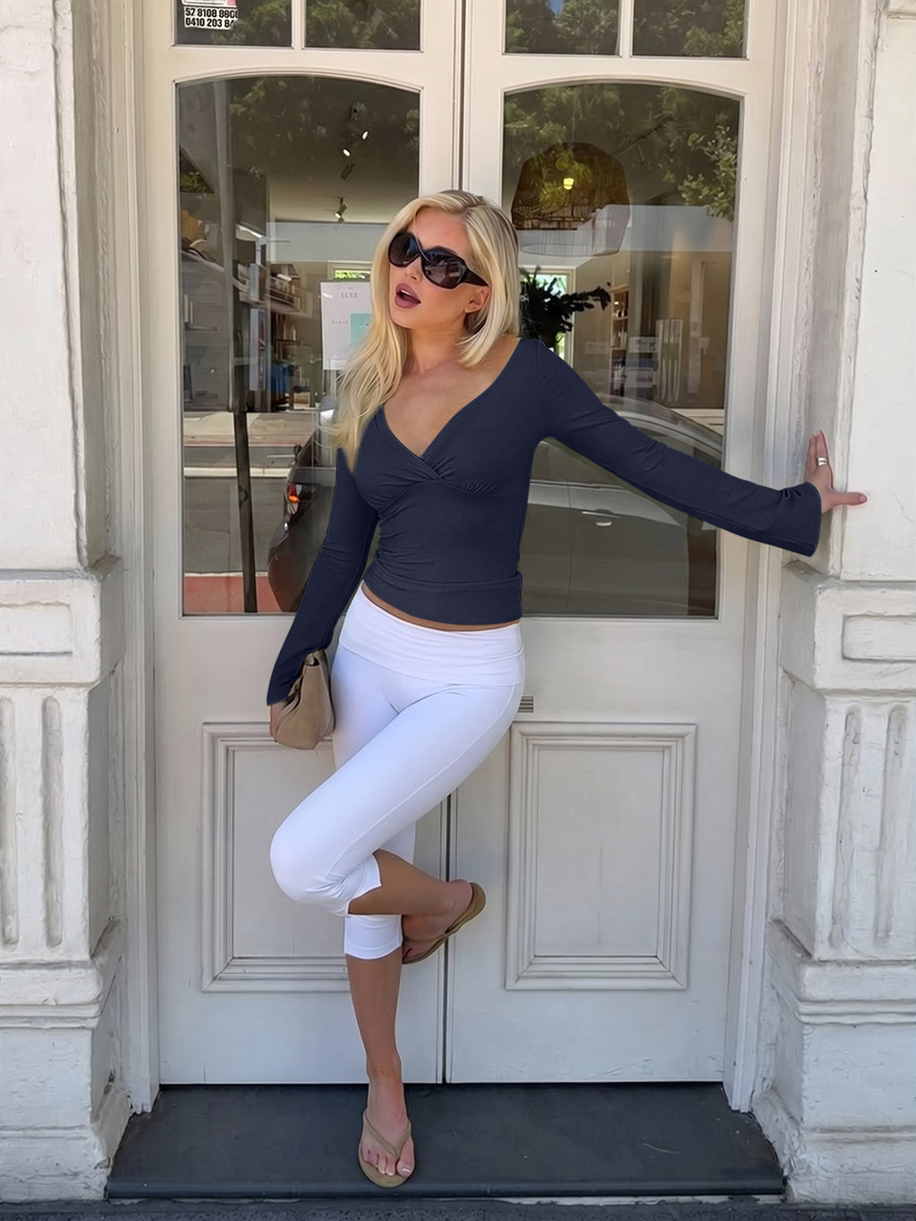 Wrap Deep V Neck Long Bell Sleeve Tops