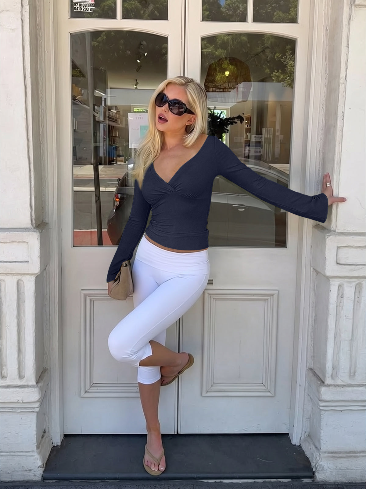 Wrap Deep V Neck Long Bell Sleeve Tops