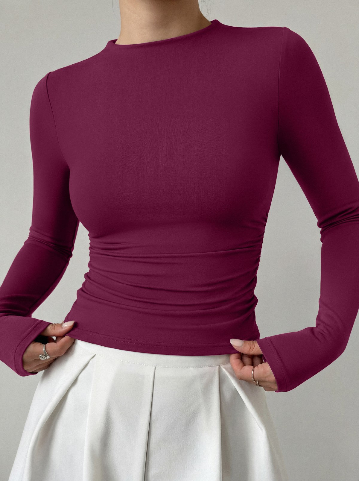 Mock Neck Ruched Waist Ruched Tops for Business Casual