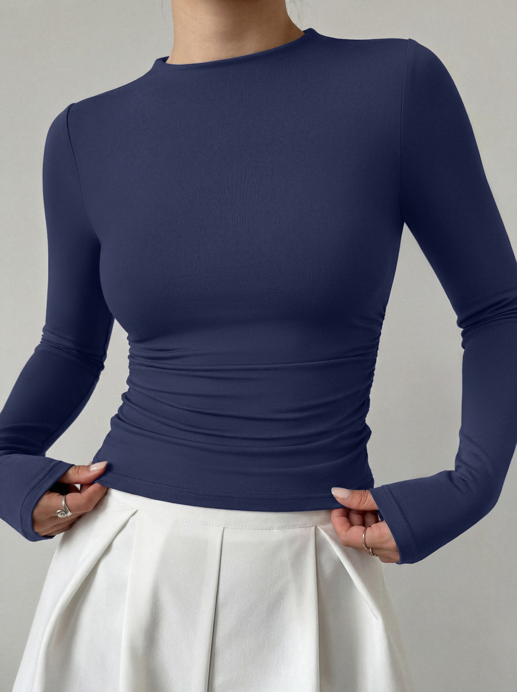 Mock Neck Ruched Waist Ruched Tops for Business Casual