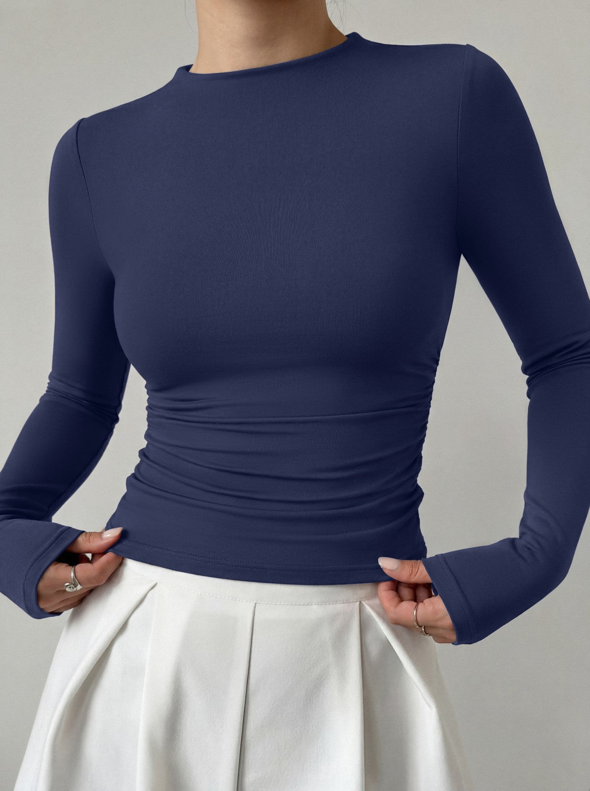 Mock Neck Ruched Waist Ruched Tops for Business Casual