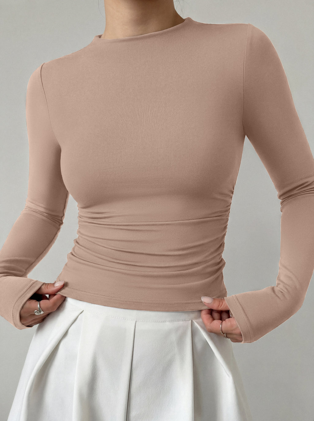 Mock Neck Ruched Waist Ruched Tops for Business Casual