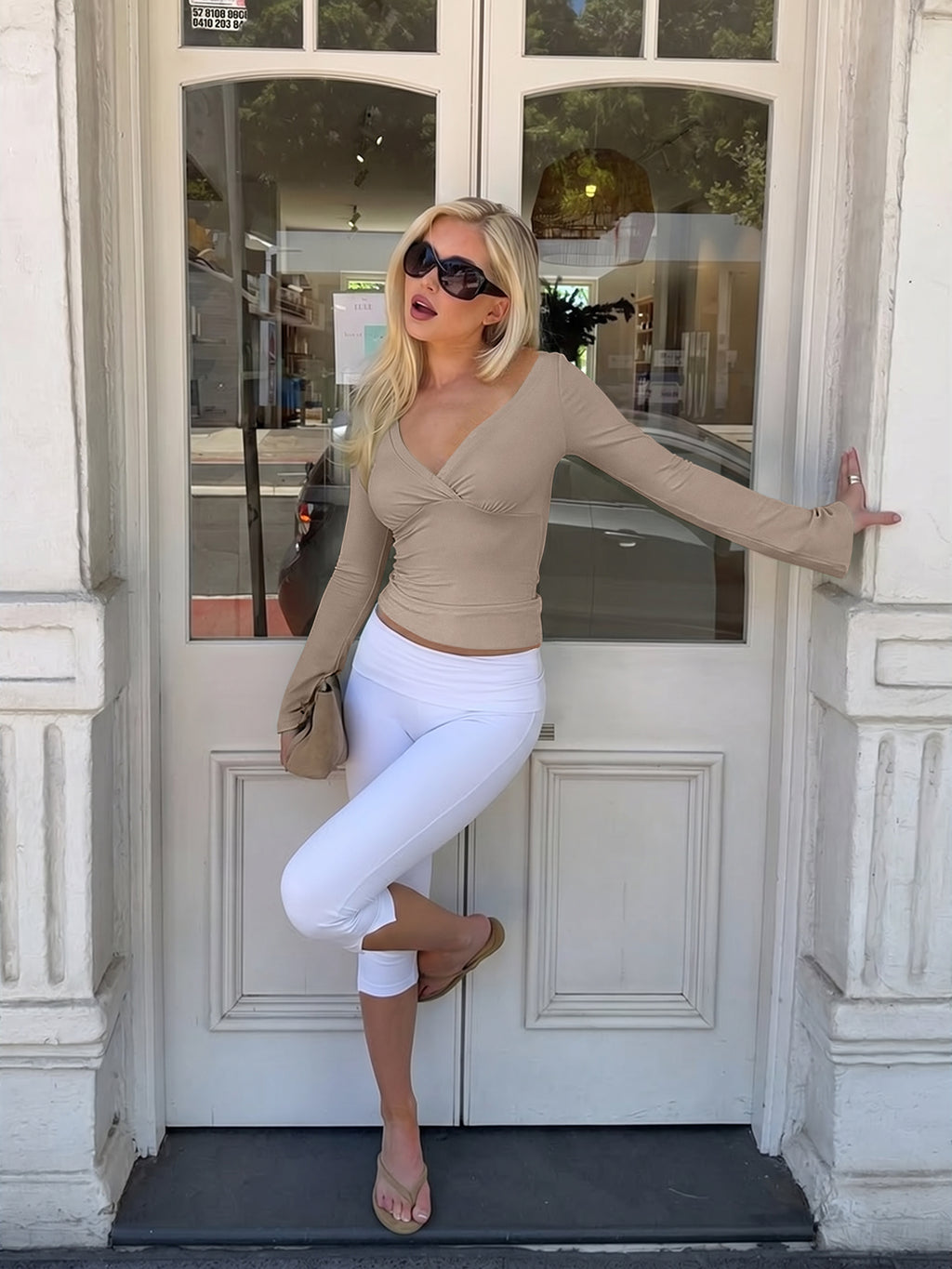 Wrap Deep V Neck Long Bell Sleeve Tops