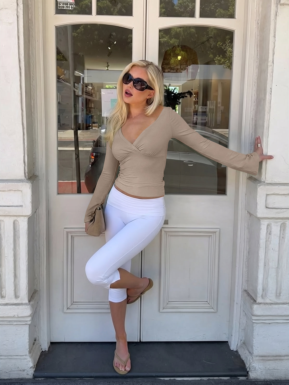 Wrap Deep V Neck Long Bell Sleeve Tops