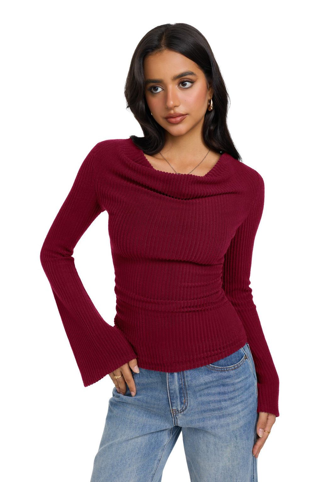 Cowl Neck Ribbed Knit Bell Sleeve Top