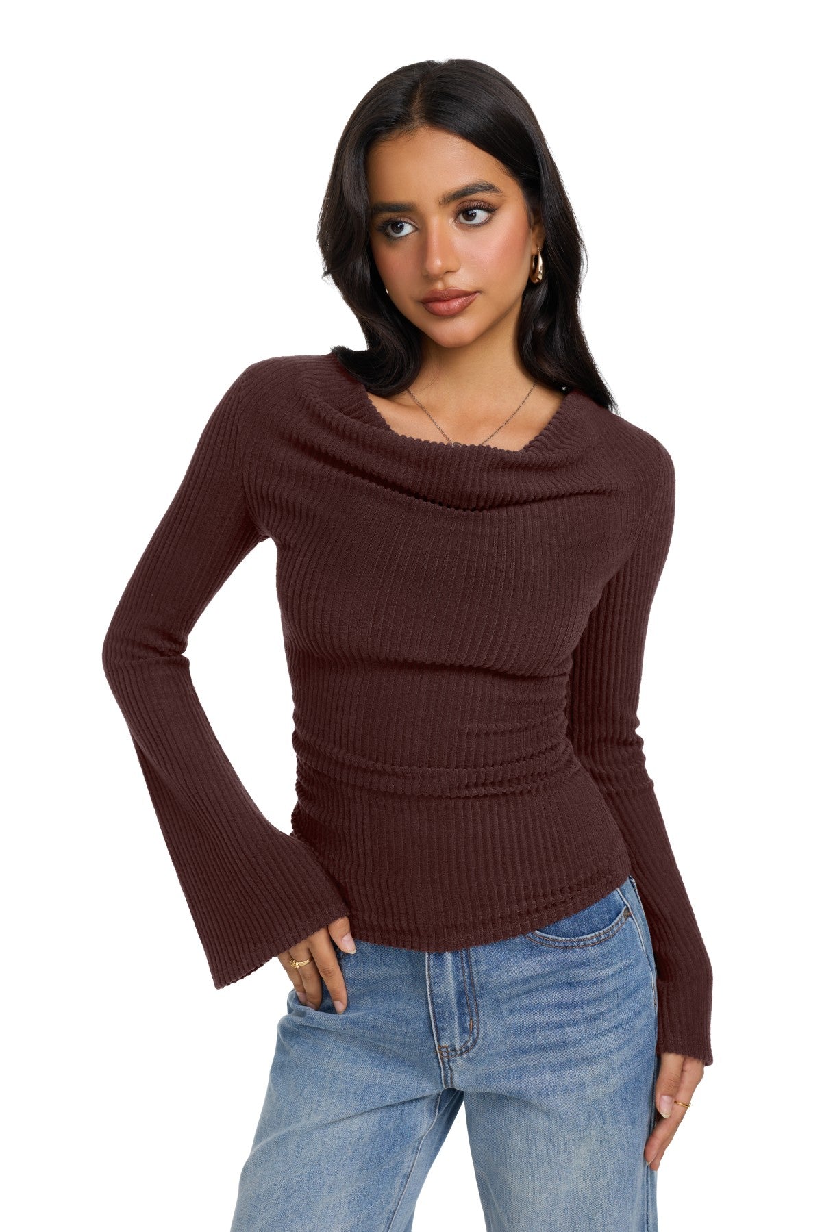 Cowl Neck Ribbed Knit Bell Sleeve Top