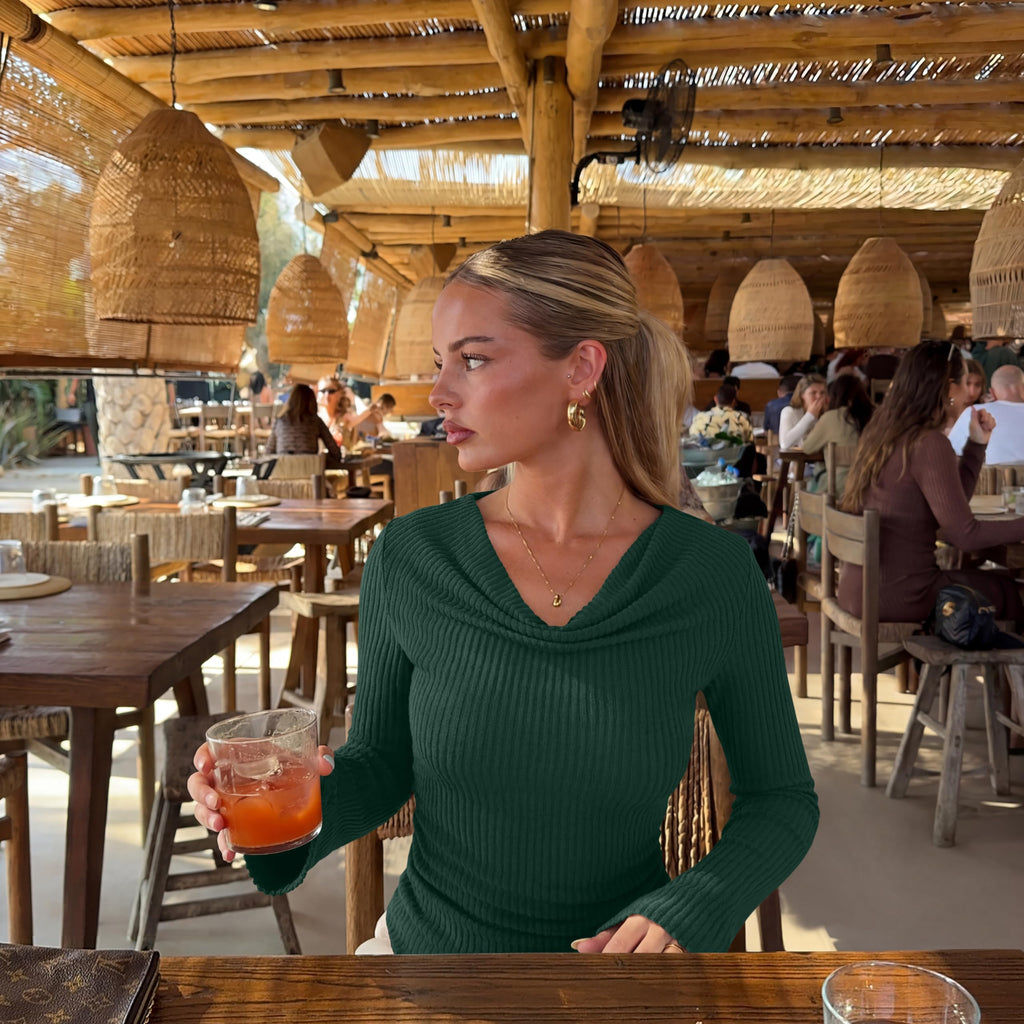 Cowl Neck Ribbed Knit Bell Sleeve Top
