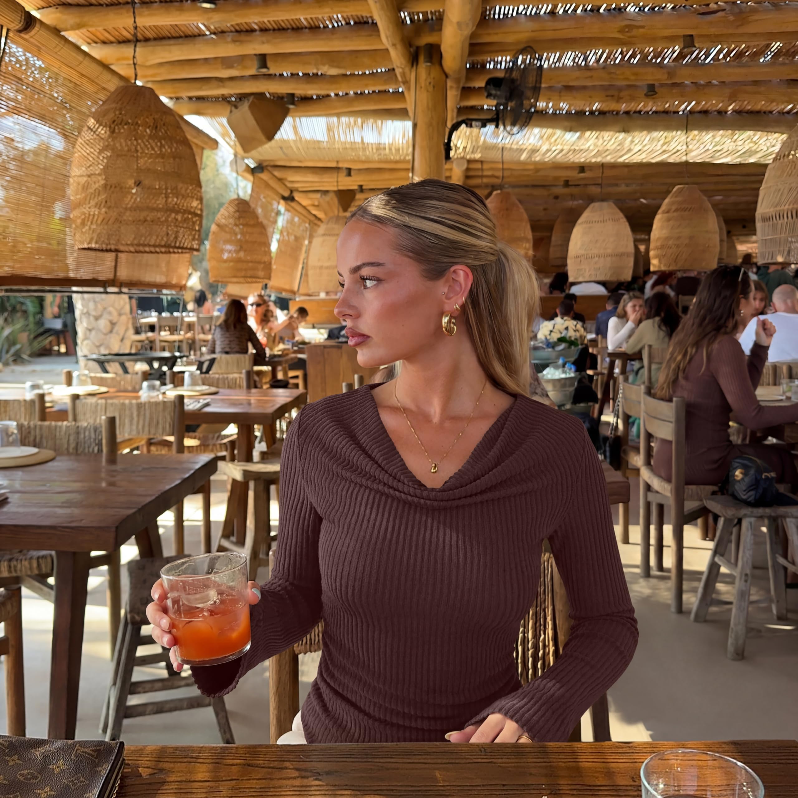 Cowl Neck Ribbed Knit Bell Sleeve Top
