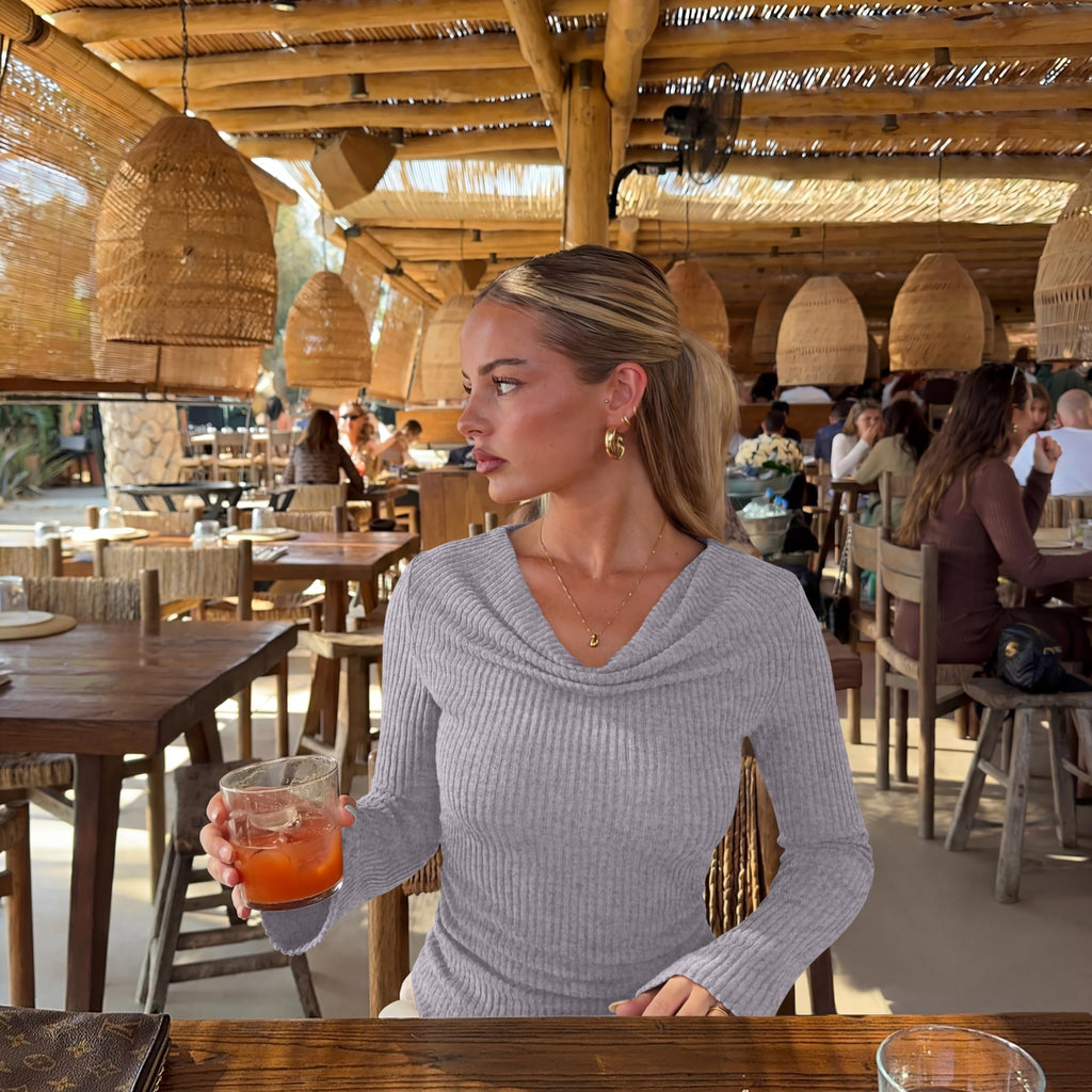 Cowl Neck Ribbed Knit Bell Sleeve Top