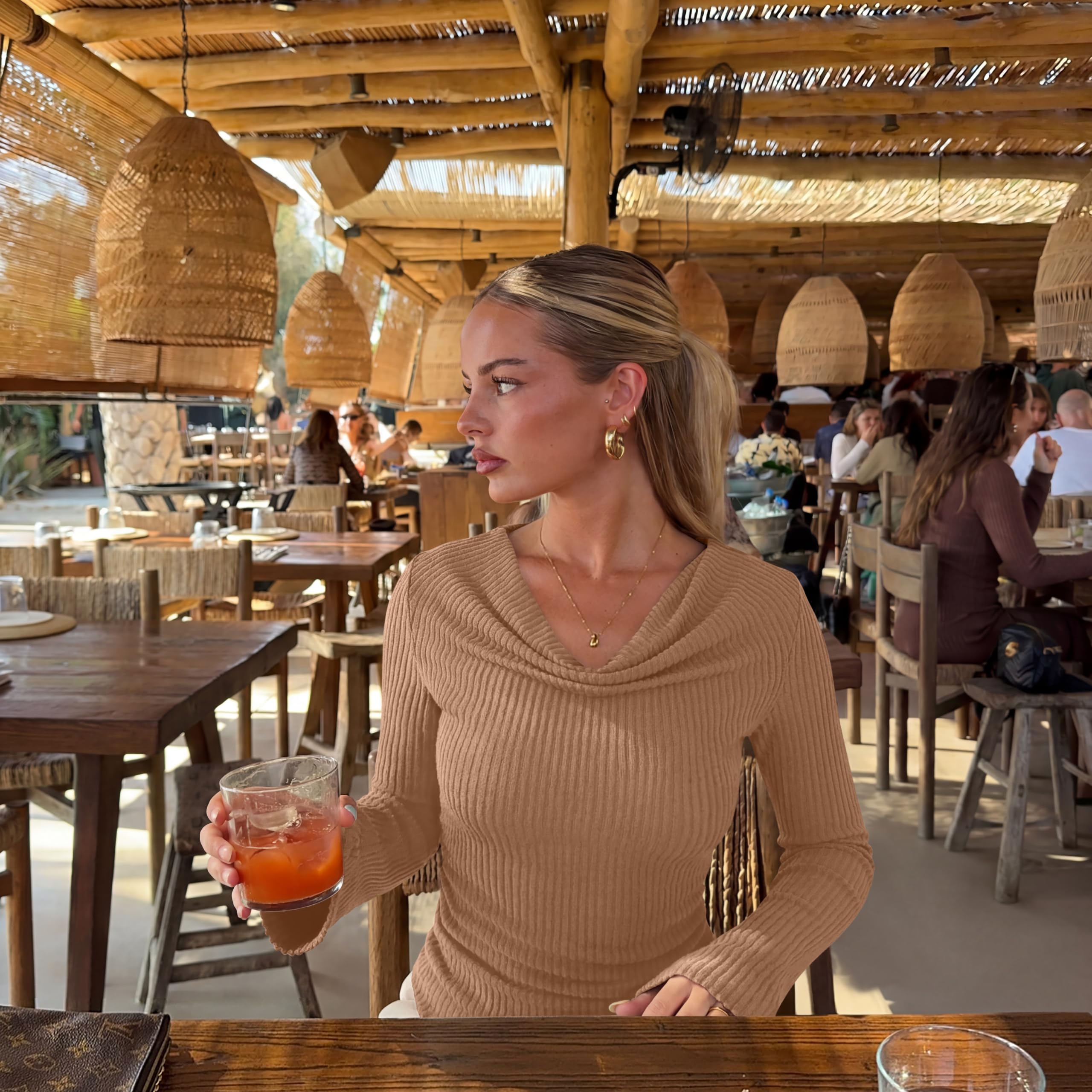 Cowl Neck Ribbed Knit Bell Sleeve Top