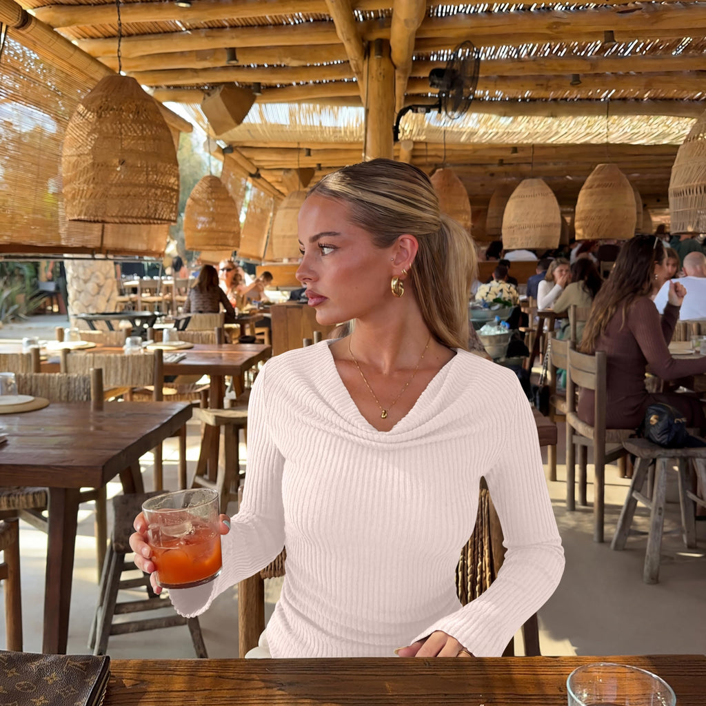 Cowl Neck Ribbed Knit Bell Sleeve Top