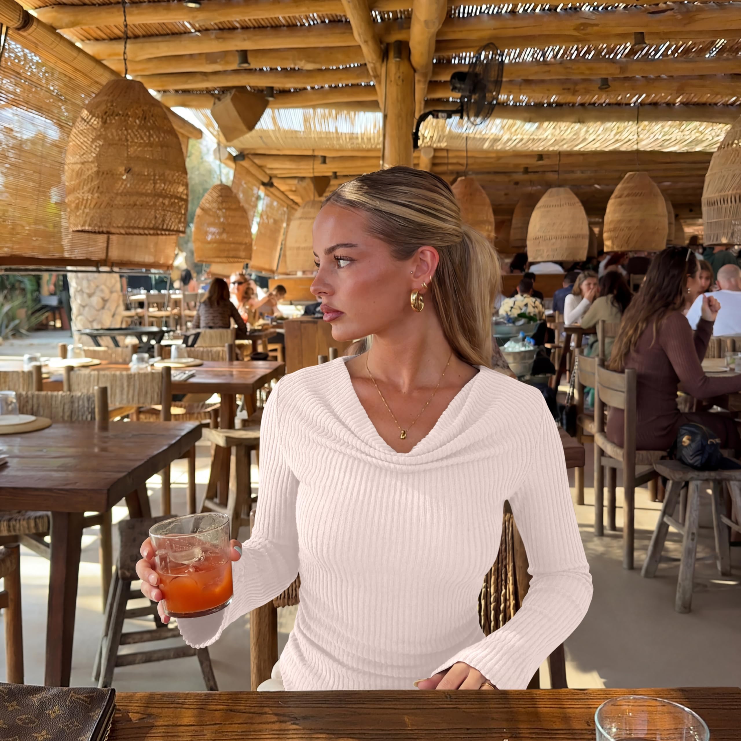 Cowl Neck Ribbed Knit Bell Sleeve Top