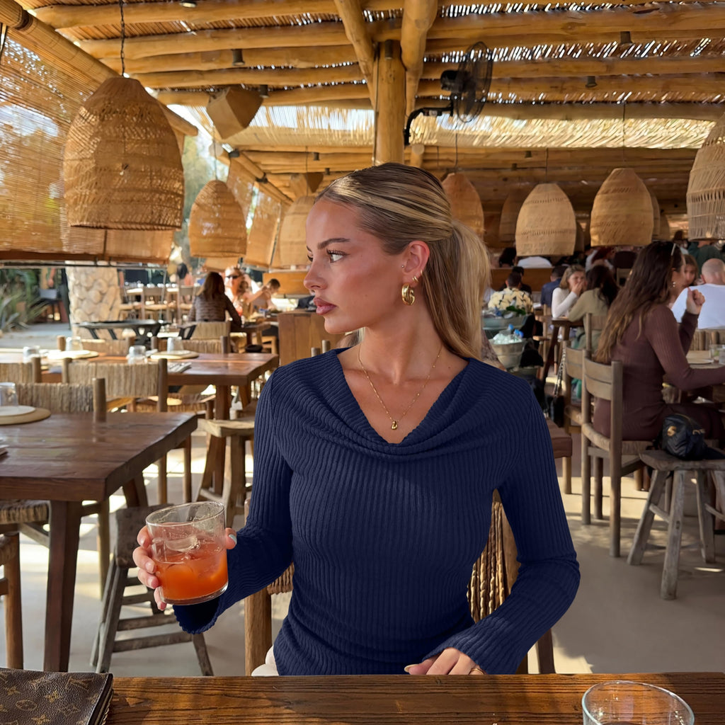 Cowl Neck Ribbed Knit Bell Sleeve Top