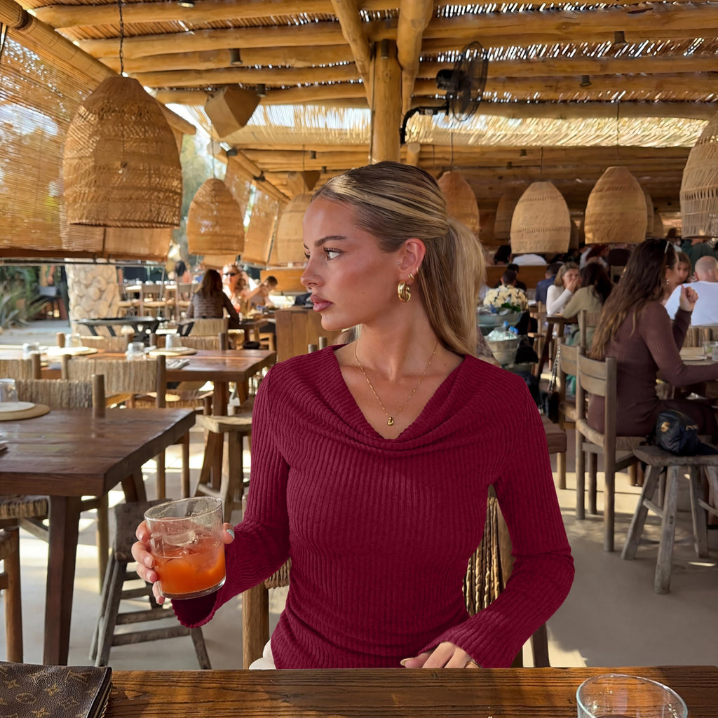 Cowl Neck Ribbed Knit Bell Sleeve Top