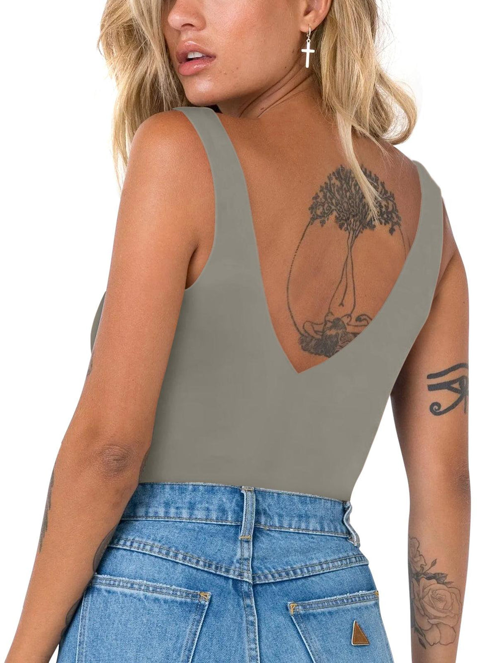 Plunge Deep V Neck Sleeveless V Backless Bodysuits Tops - REORIA