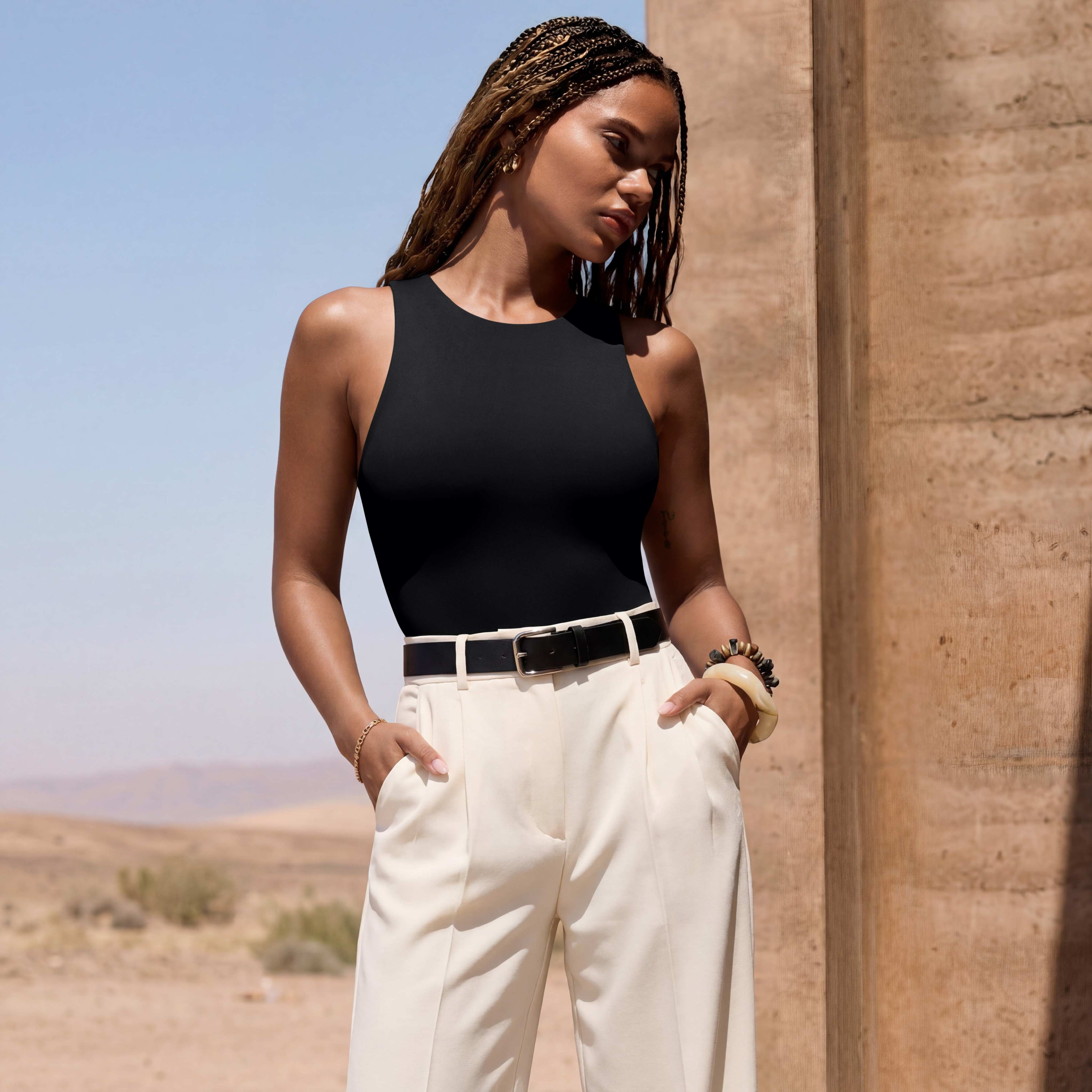 Sleeveless Racer Back Halter Neck Bodysuit Tank Tops