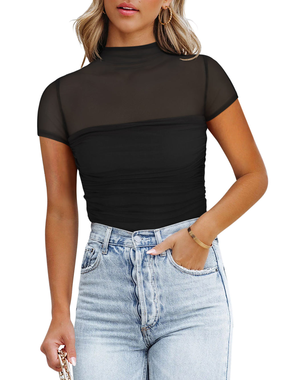 Veiled Allure High Neck Bodysuits Tops - REORIA