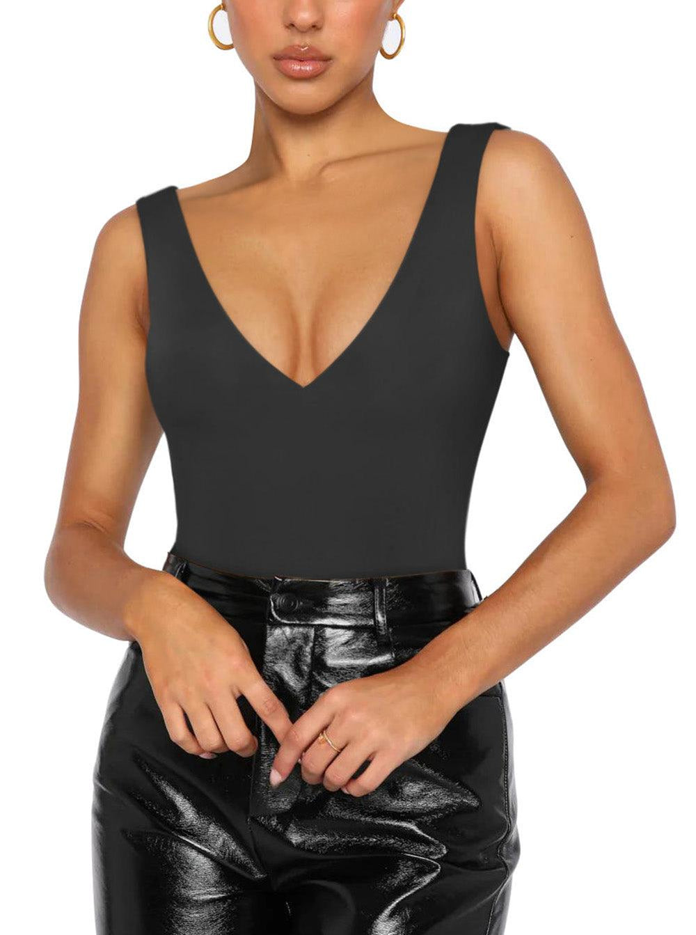Plunge Deep V Neck Sleeveless V Backless Bodysuits Tops - REORIA