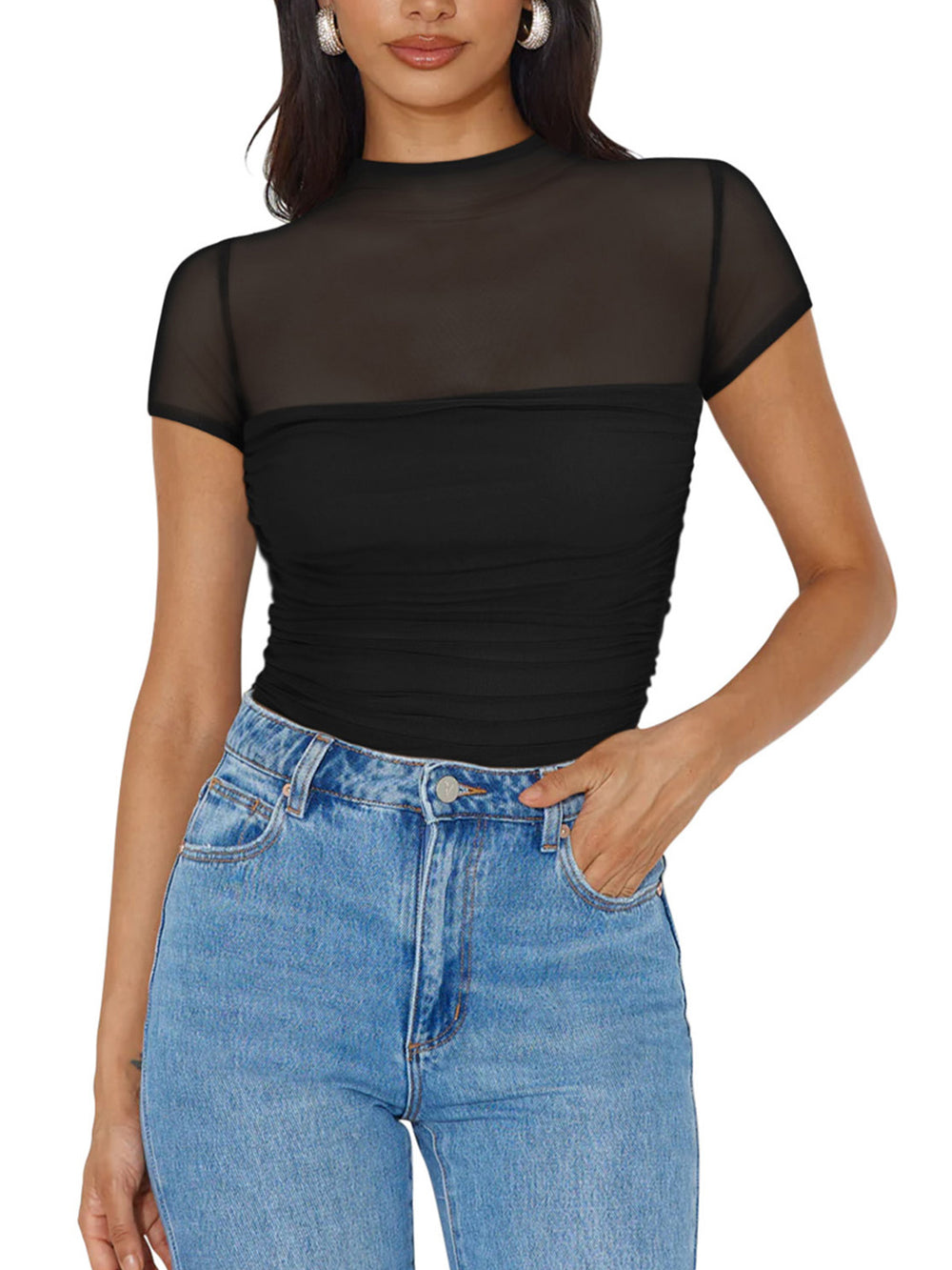 Veiled Allure High Neck Bodysuits Tops - REORIA