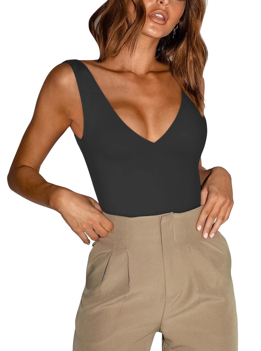 Plunge Deep V Neck Sleeveless V Backless Bodysuits Tops - REORIA