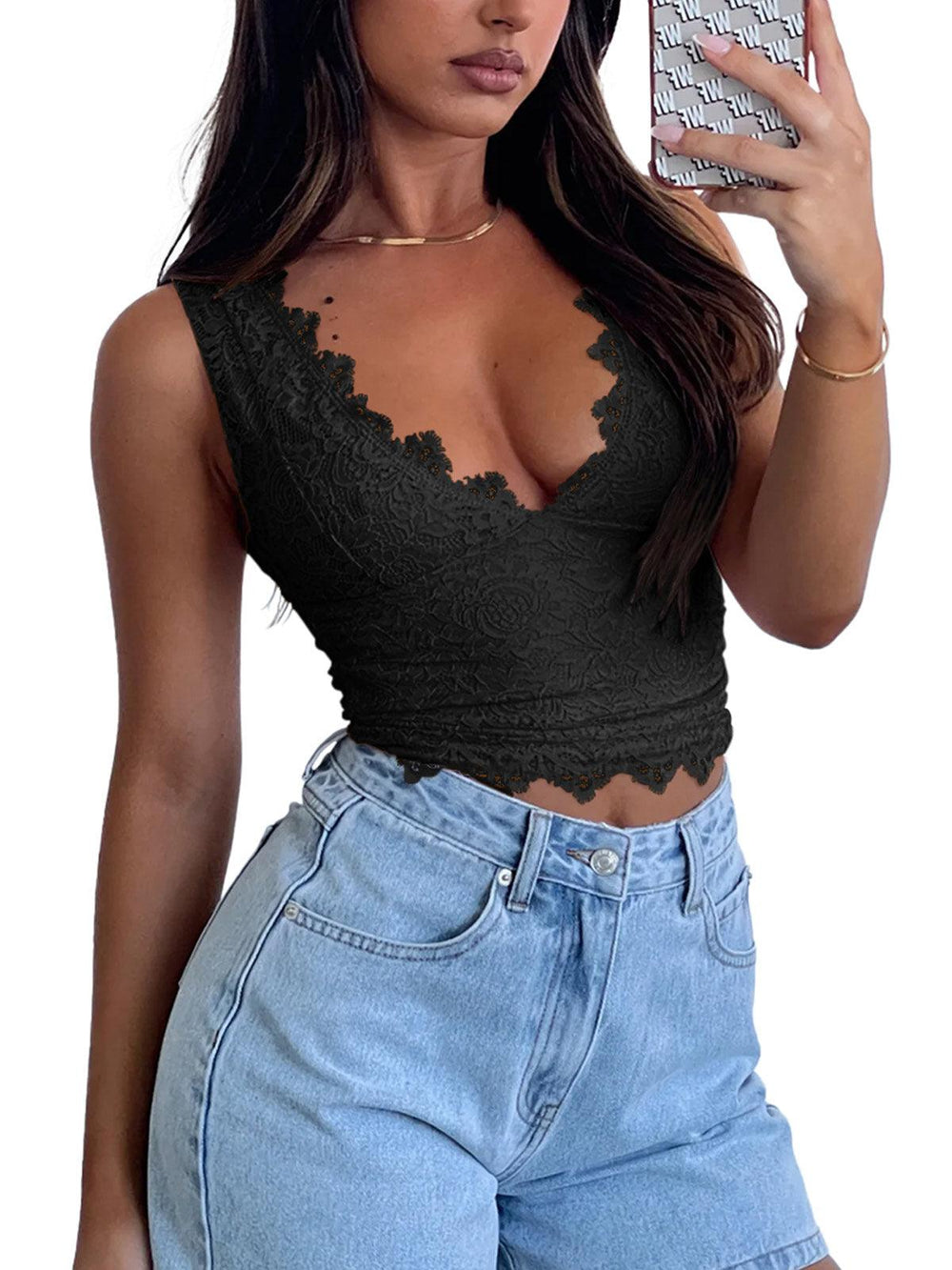 Midnight Elegance Lace V-Neck Crop Top - REORIA