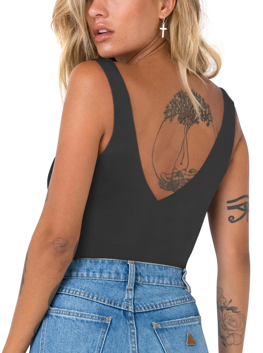 Plunge Deep V Neck Sleeveless V Backless Bodysuits Tops - REORIA