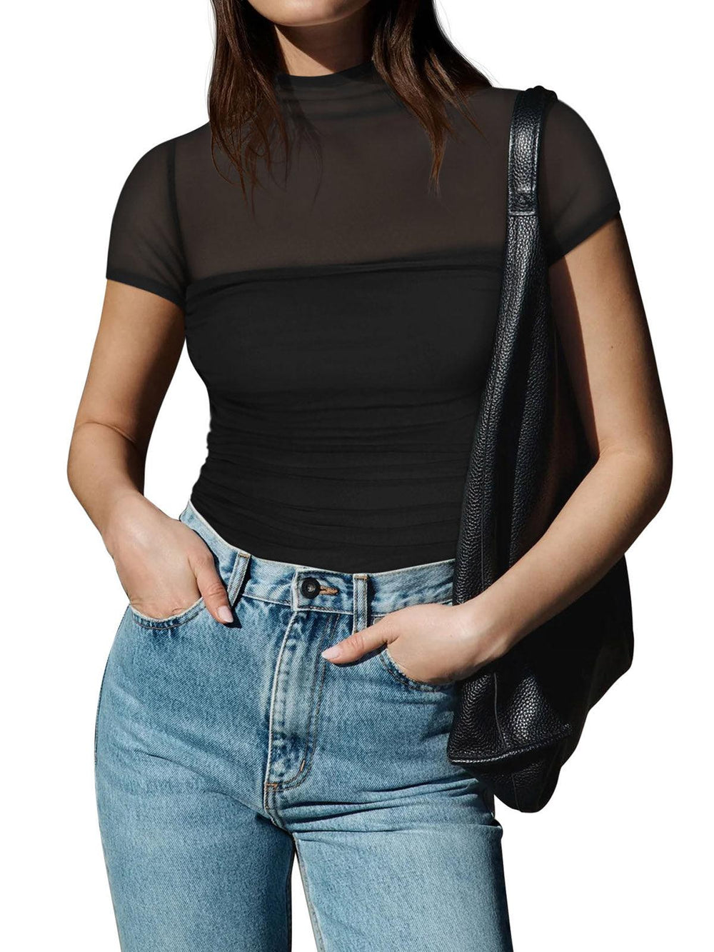 Veiled Allure High Neck Bodysuits Tops - REORIA