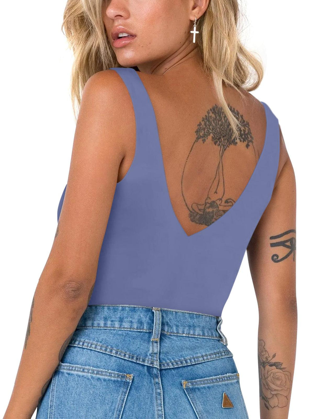 Plunge Deep V Neck Sleeveless V Backless Bodysuits Tops - REORIA
