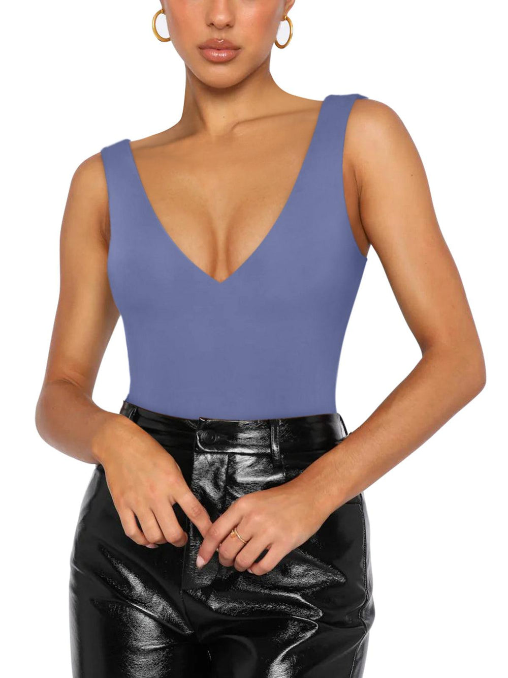 Plunge Deep V Neck Sleeveless V Backless Bodysuits Tops - REORIA