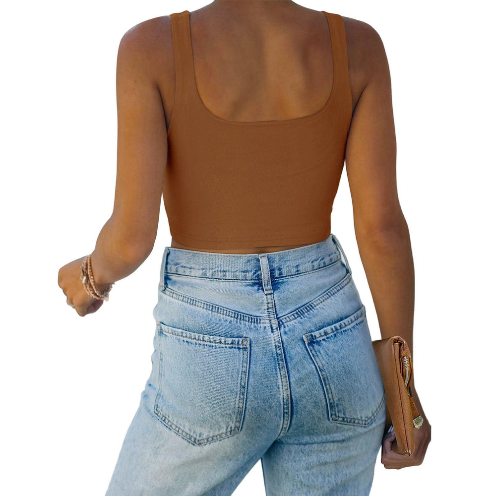 Square Neck Seamless Sleeveless Crop Tops - REORIA