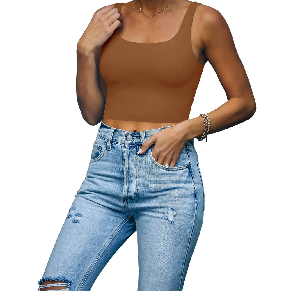 Square Neck Seamless Sleeveless Crop Tops - REORIA