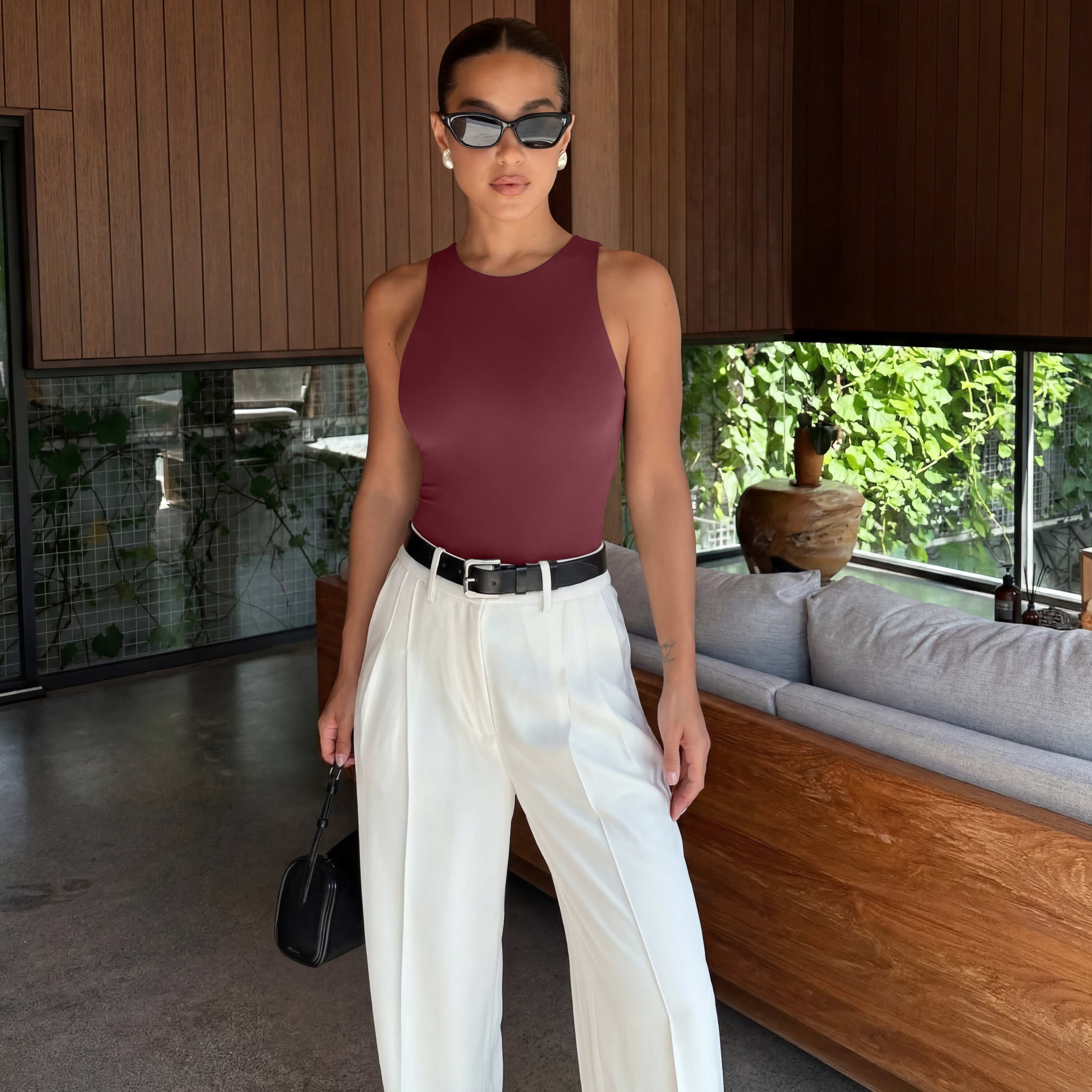 Sleeveless Racer Back Halter Neck Bodysuit Tank Tops