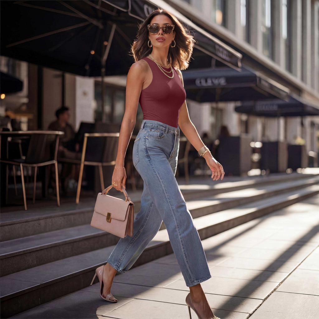 Sleeveless Racer Back Halter Neck Bodysuit Tank Tops