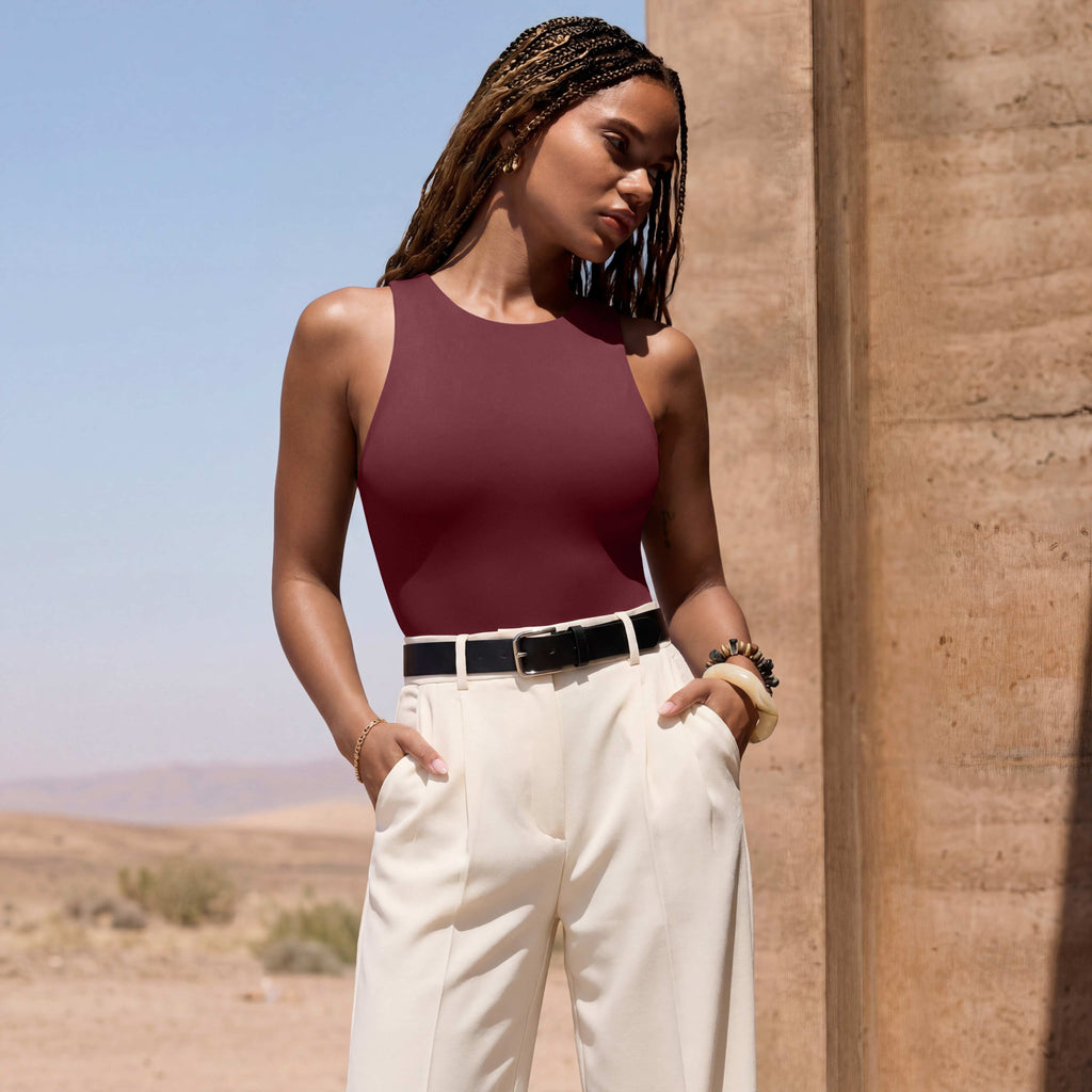 Sleeveless Racer Back Halter Neck Bodysuit Tank Tops
