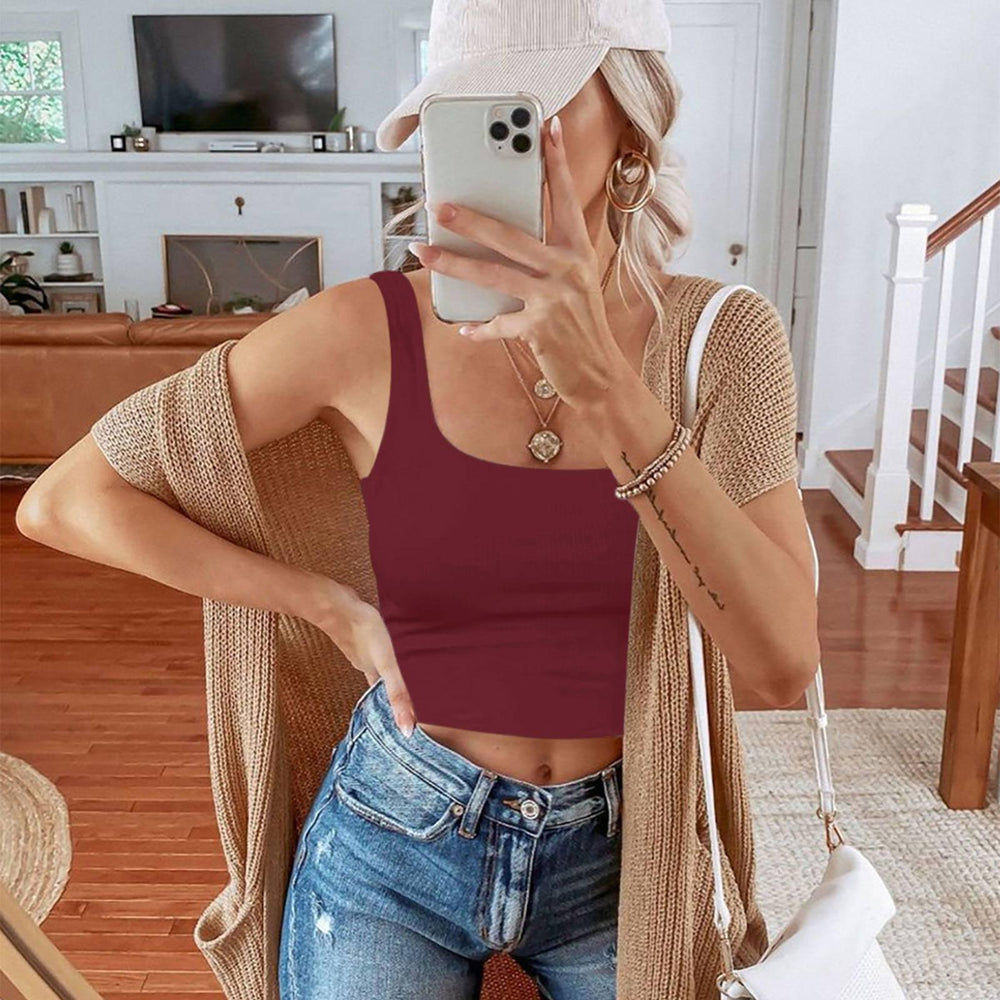 Square Neck Seamless Sleeveless Crop Tops - REORIA