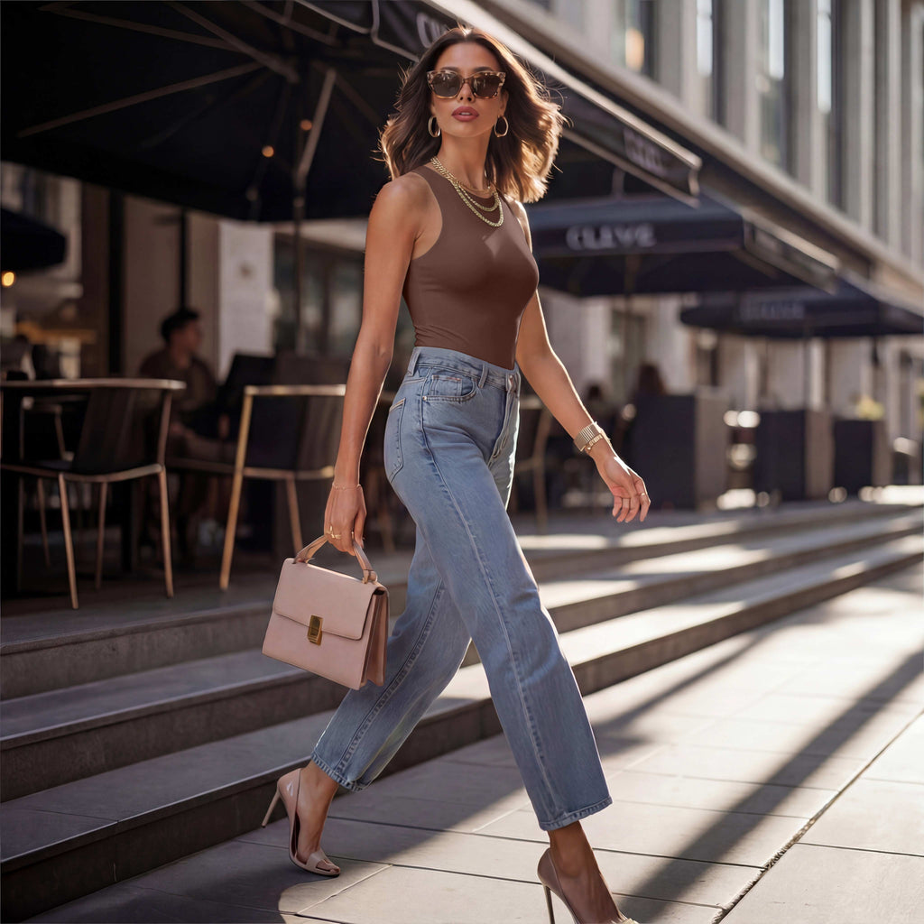 Sleeveless Racer Back Halter Neck Bodysuit Tank Tops