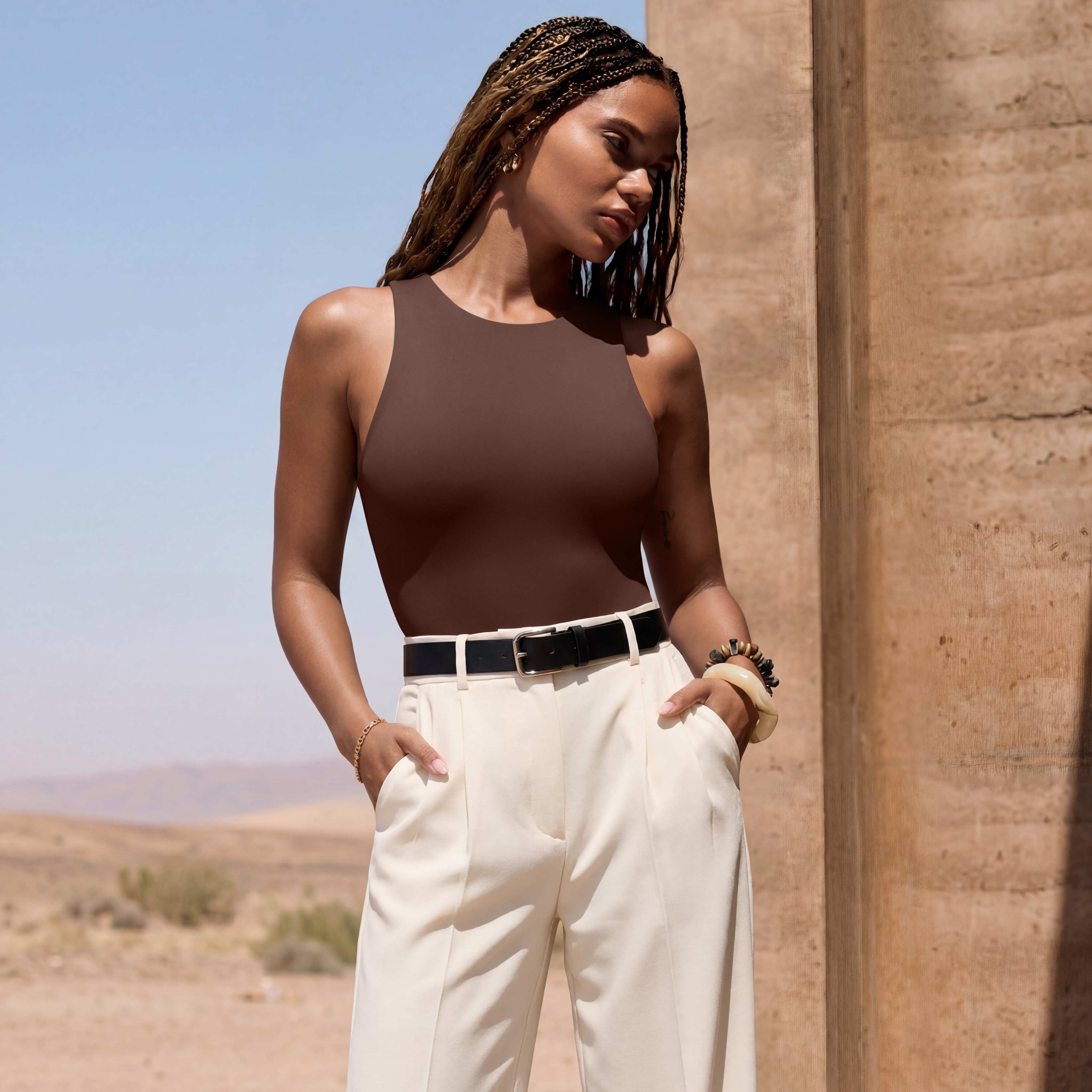 Sleeveless Racer Back Halter Neck Bodysuit Tank Tops