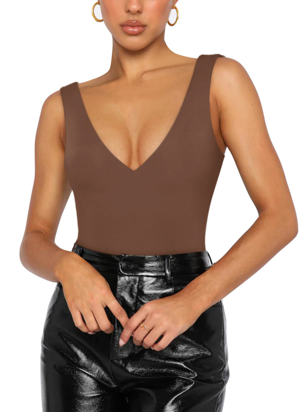 Plunge Deep V Neck Sleeveless V Backless Bodysuits Tops - REORIA